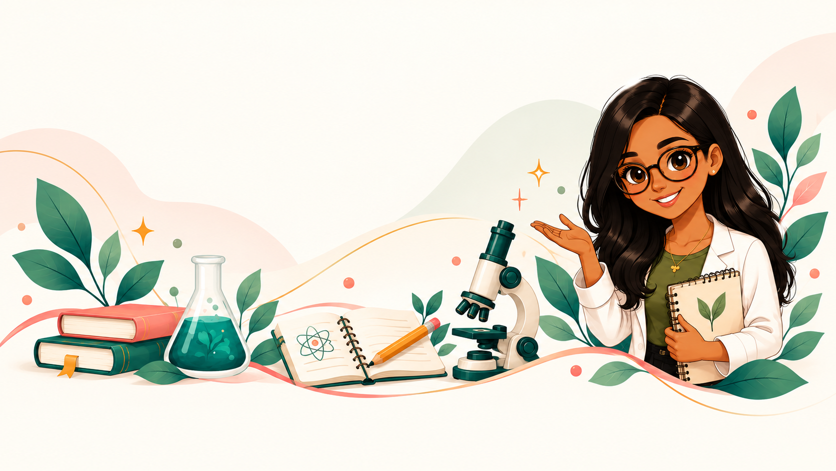 Professora ilustrada ao lado de livros, plantas e um microscópio